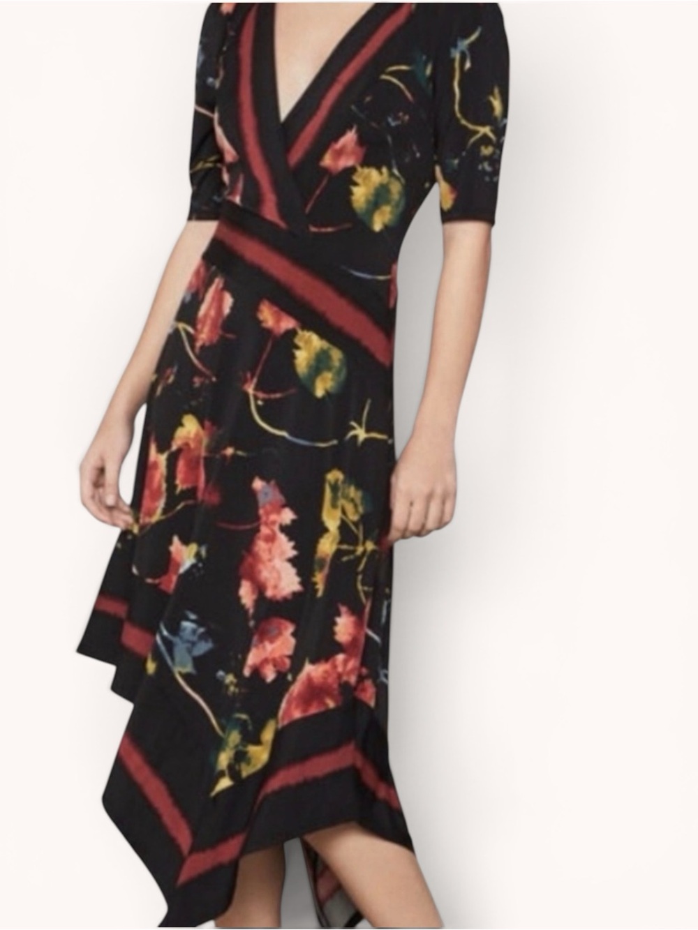 BCBG MaxAzria asymmetrical faux wrap floral jersey dress size small Maximalist